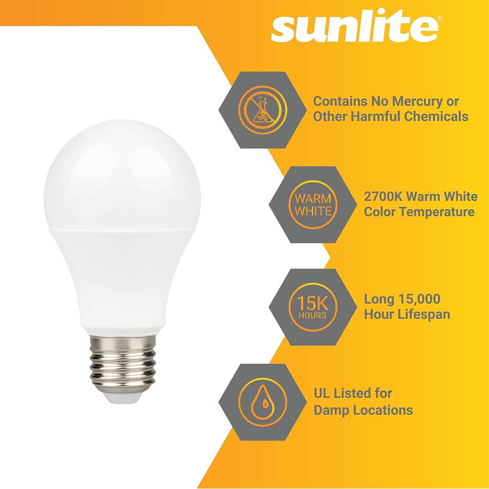 3Pk - Sunlite 9w A19 LED 2700K 800Lm Non-Dimmable Bulb - 60W Equiv