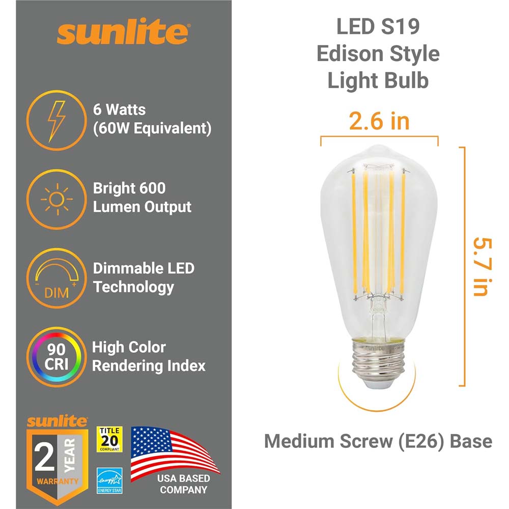 Sunlite 6w LED S19 Filament Style Edison E26 Base 2700K Bulb - 60W Equiv