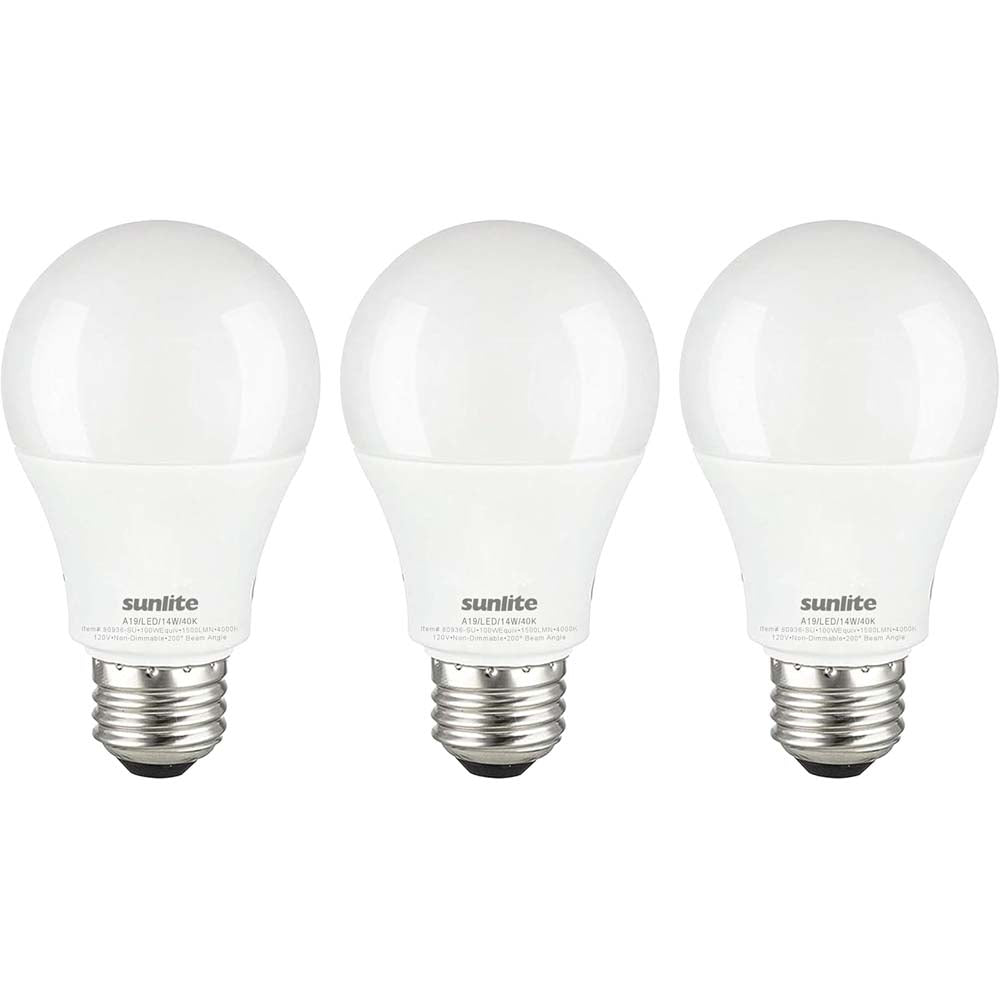 3Pk - Sunlite 15w A19 LED 1500Lm E26 Base 4000K Cool White Bulb - 100w equiv