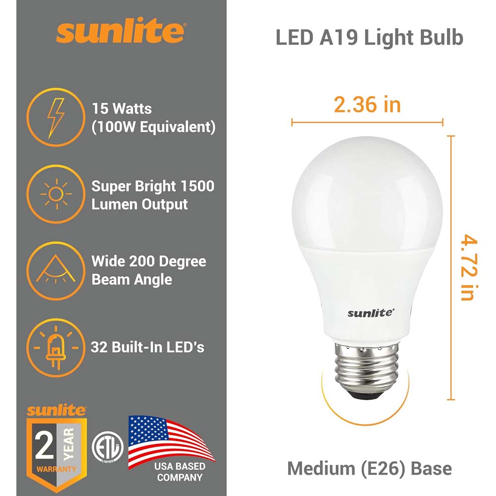 3Pk - Sunlite 15w A19 LED 1500Lm E26 Base 4000K Cool White Bulb - 100w equiv