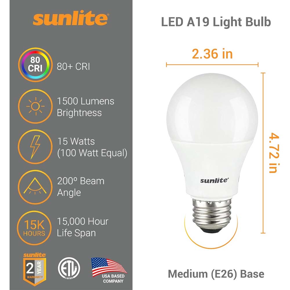 3Pk - Sunlite 15w A19 LED 1500Lm E26 Base 3000K Warm White Bulb - 100w equiv