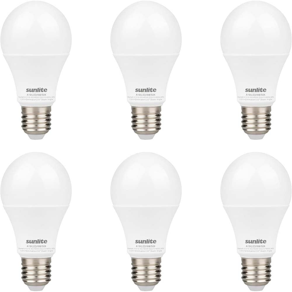 6Pk - Sunlite 9w A19 LED 800Lm 120V Dimmable E26 Base 5000K Bulb - 60wequiv
