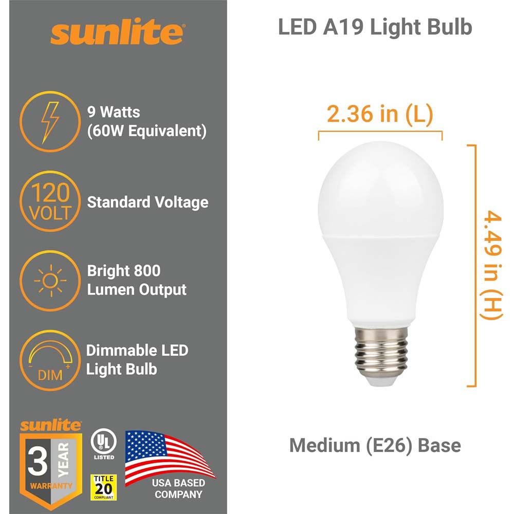 6Pk - Sunlite 9w A19 LED 800Lm 120V Dimmable E26 Base 5000K Bulb - 60wequiv
