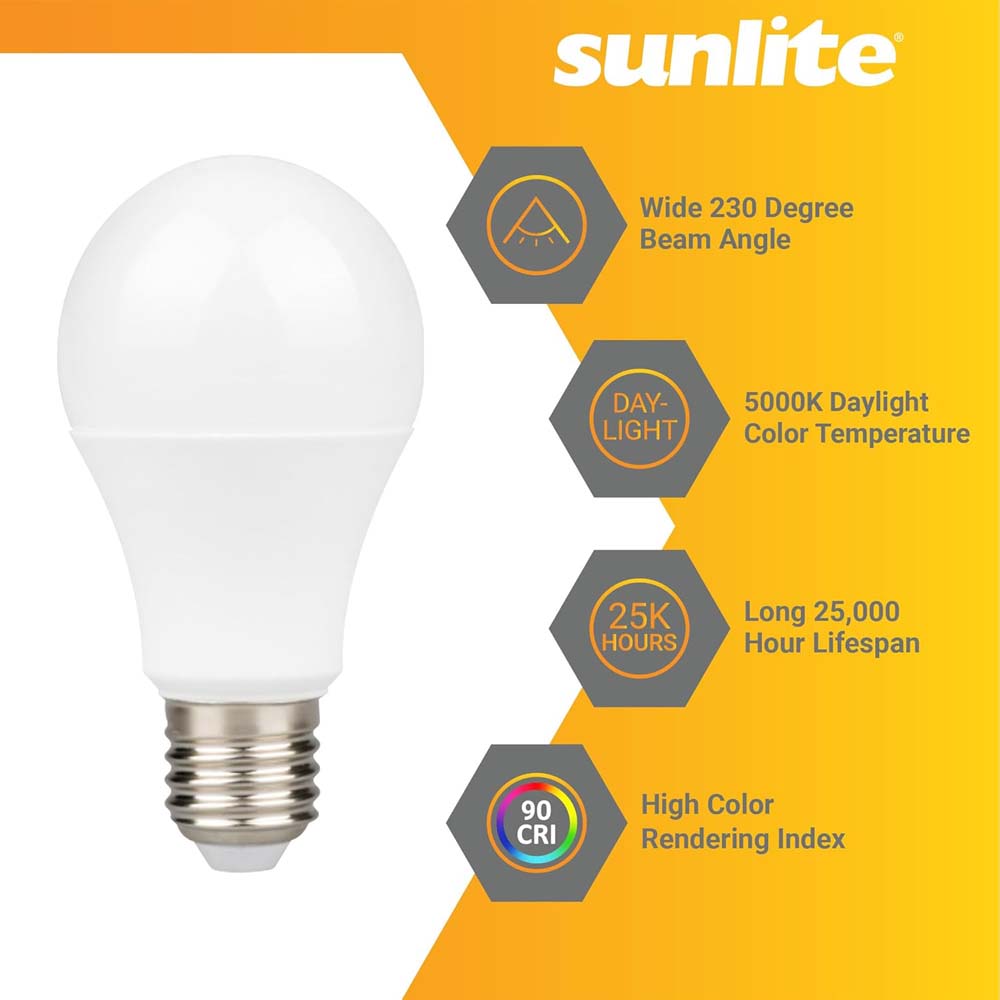 6Pk - Sunlite 9w A19 LED 800Lm 120V Dimmable E26 Base 5000K Bulb - 60wequiv