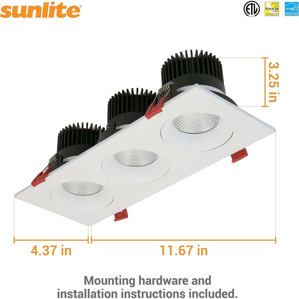 Sunlite 3.5-in 36w LED Three Head Gimbal Downlight Fixture CCT Tunable Dimmable