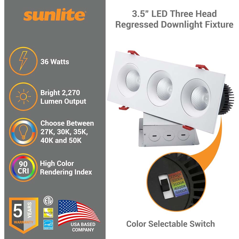 Sunlite 3.5-in 36w LED Three Head Gimbal Downlight Fixture CCT Tunable Dimmable