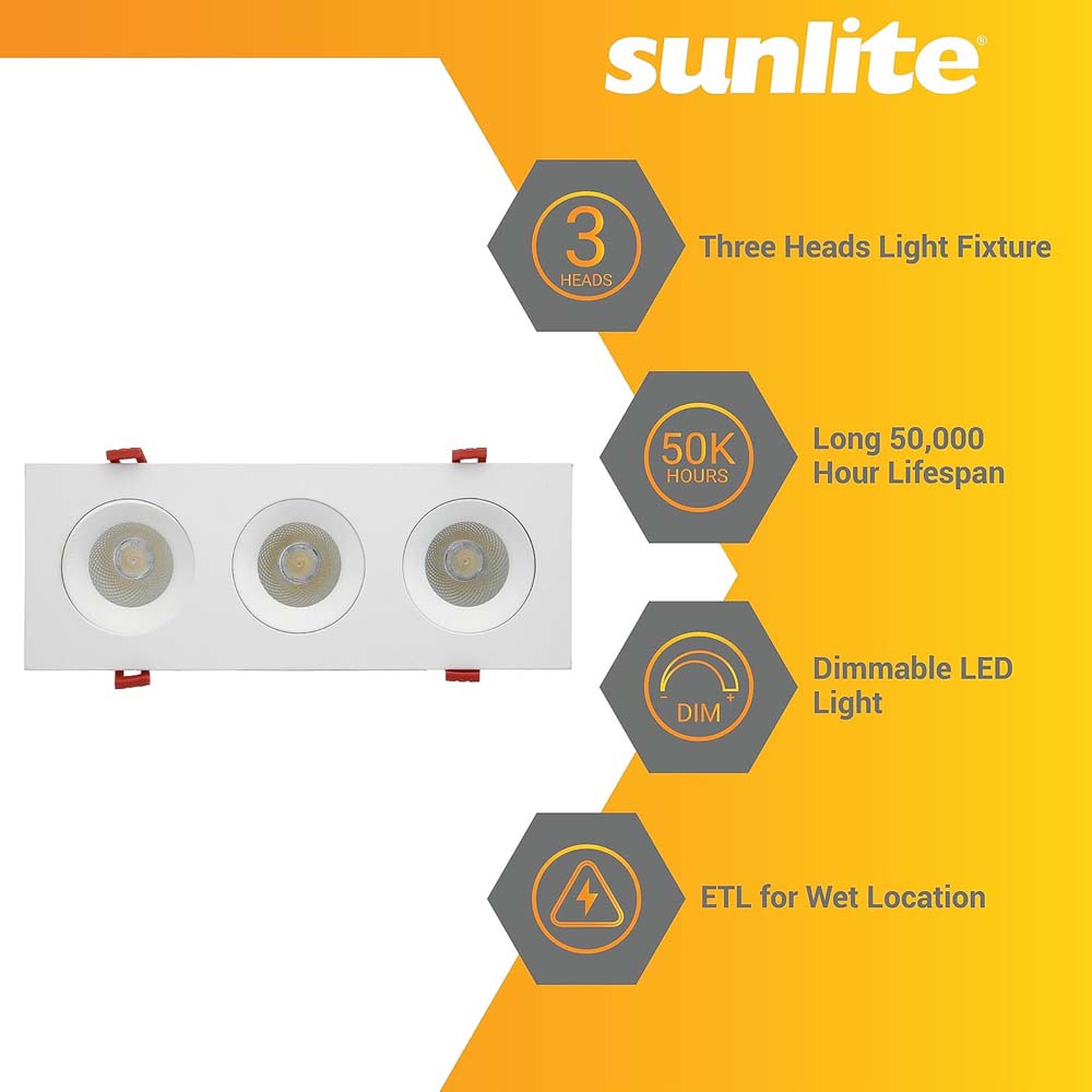 Sunlite 3.5-in 36w LED Three Head Gimbal Downlight Fixture CCT Tunable Dimmable