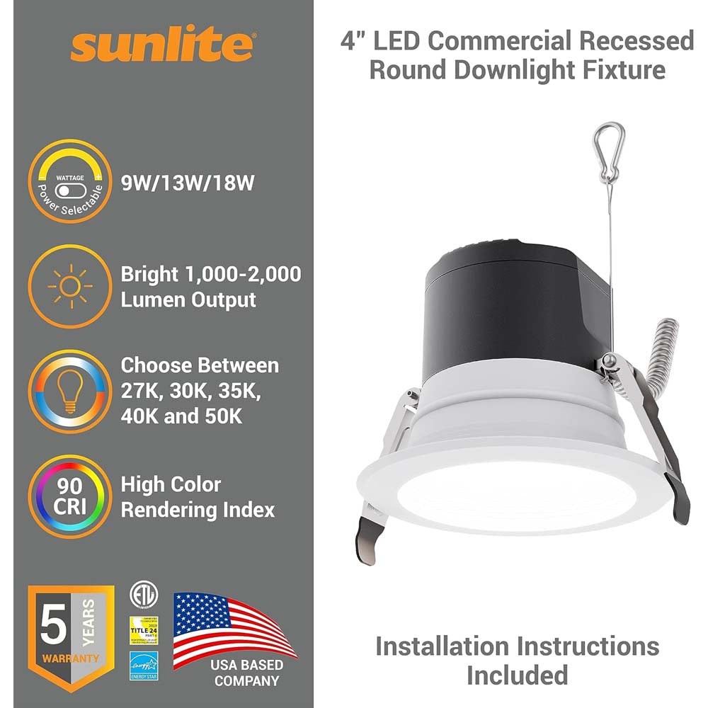 Sunlite 4-in LED Recessed Round Downlight CCT Wattage Lumens Selectable Fixture