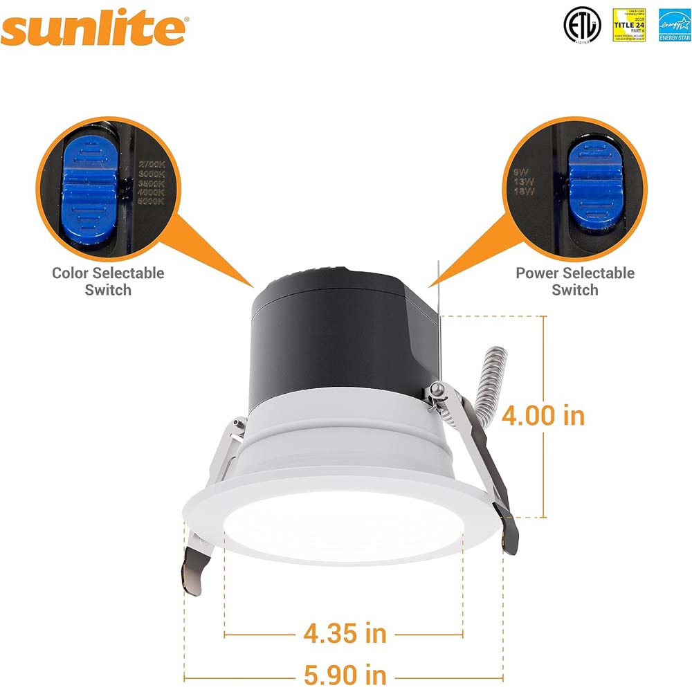 Sunlite 4-in LED Recessed Round Downlight CCT Wattage Lumens Selectable Fixture