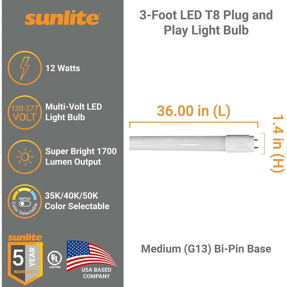25Pk - Sunlite 12w 3-FT LED T8 Glass Tube Bulb CCT Tunable G13 Base 120-277V