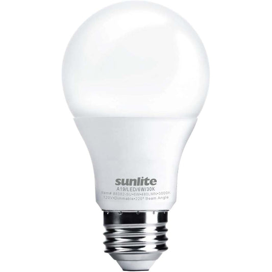 Sunlite 6w A19 LED 480Lm 120v Dimmable E26 Medium Base 3000K Bulb - 40w equiv