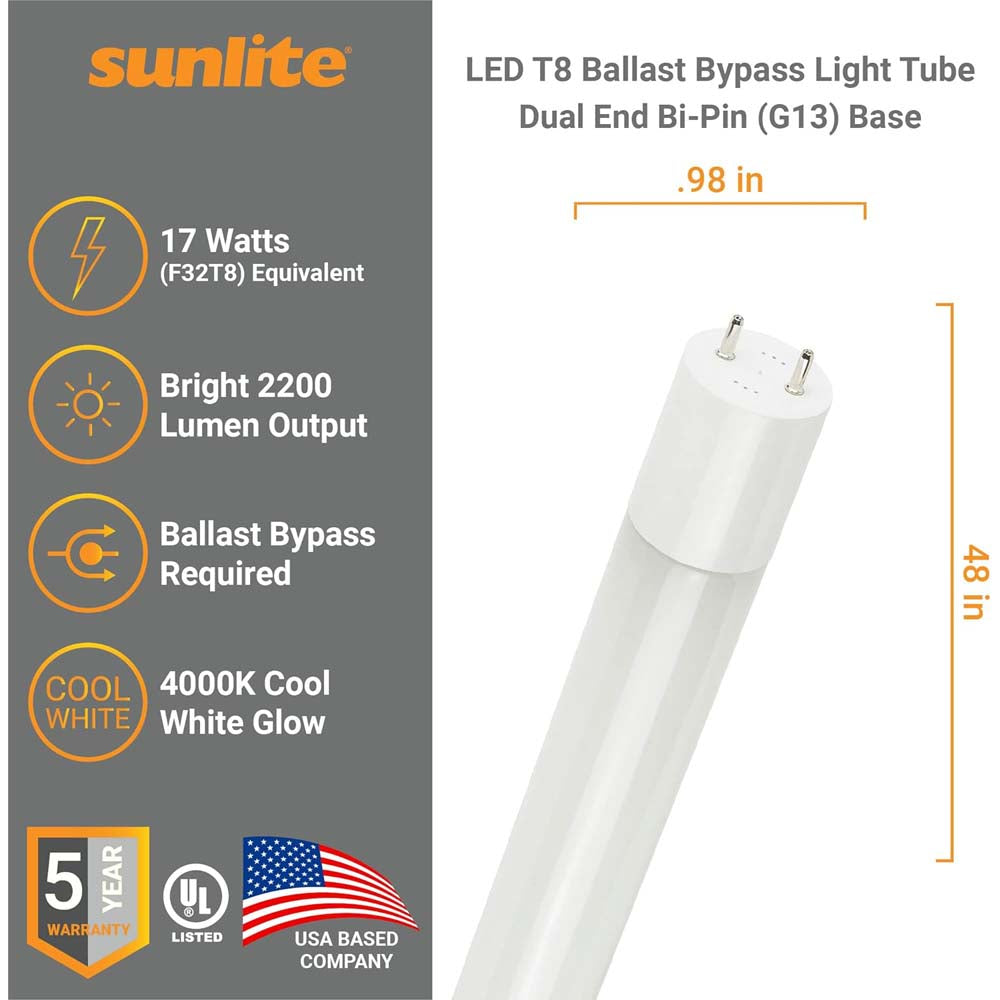 25Pk - Sunlite 17w LED T8 Light Tube 48-in G13 Base Frosted 4000K Ballast Bypass
