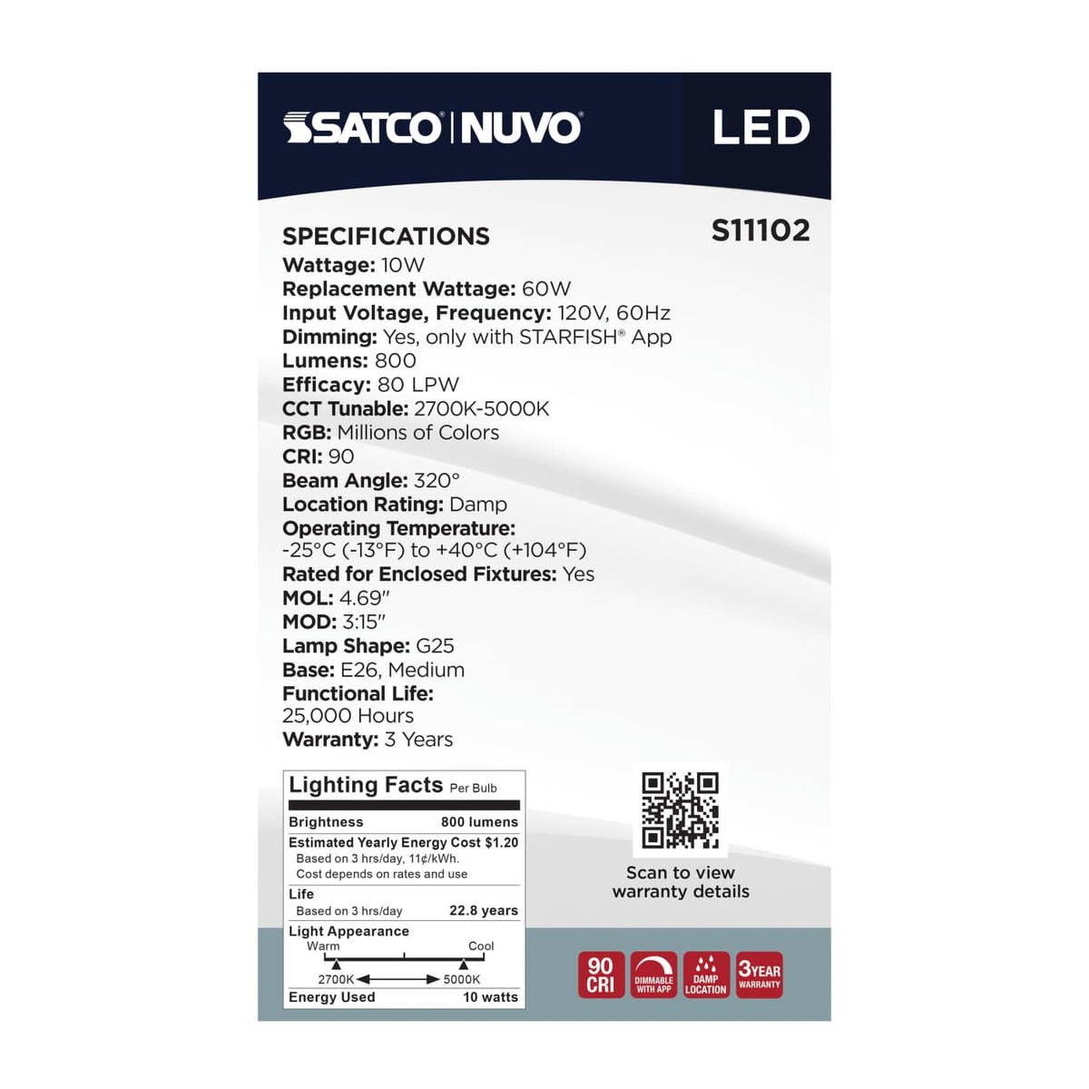 Satco G25 10W LED RGBTW Star Fish 120v