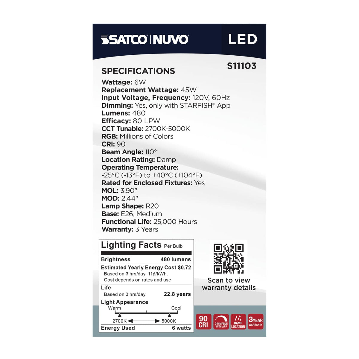 Satco R20 6W LED RGBTW Star Fish 120v