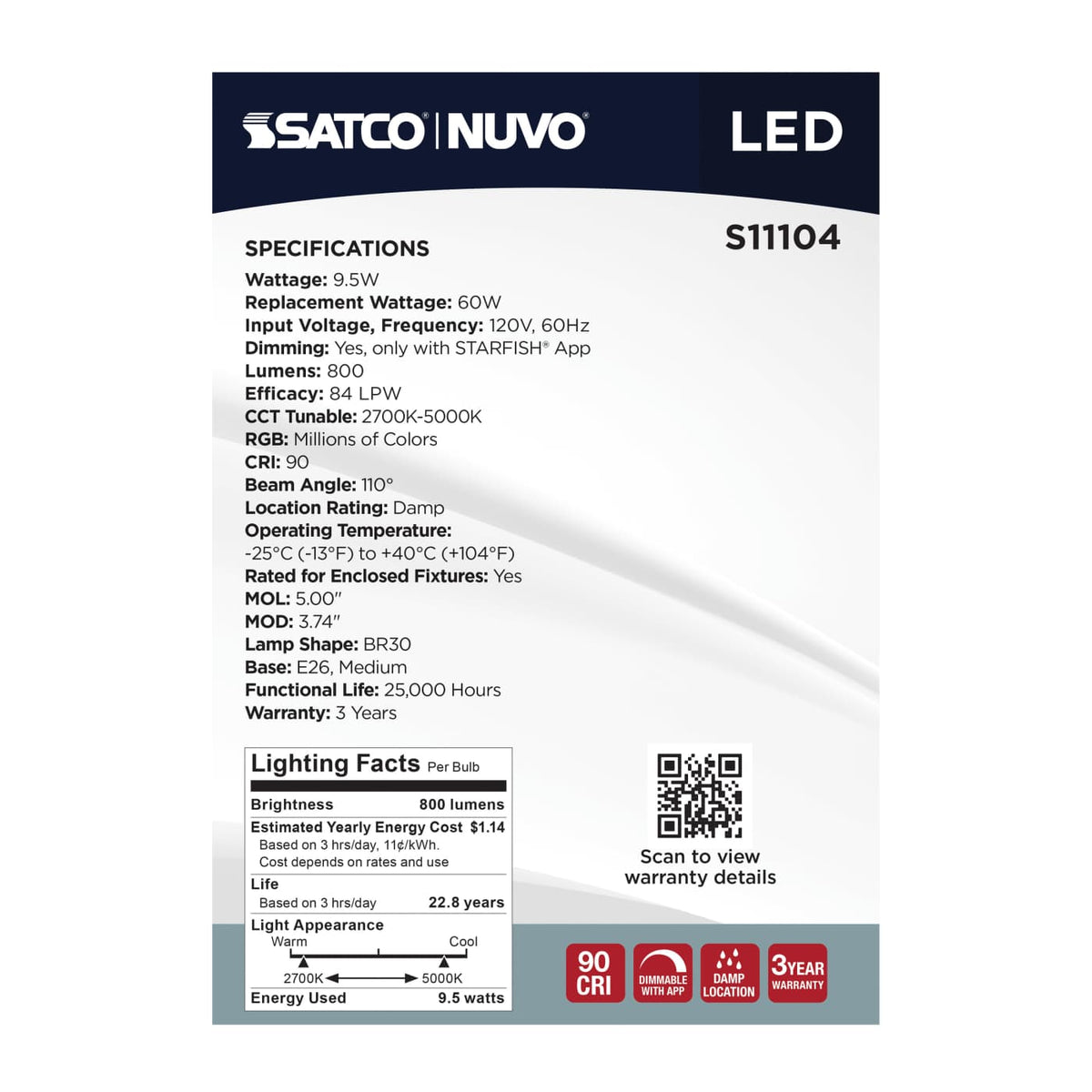 Satco BR30 9.5W LED RGBTW Star Fish 120v