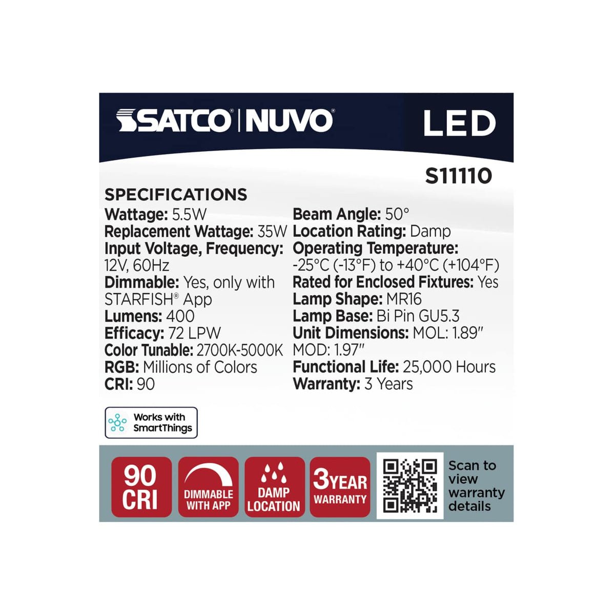 Satco MR 16 5.5W LED RGBTW Gu5.3 Star Fish 12v