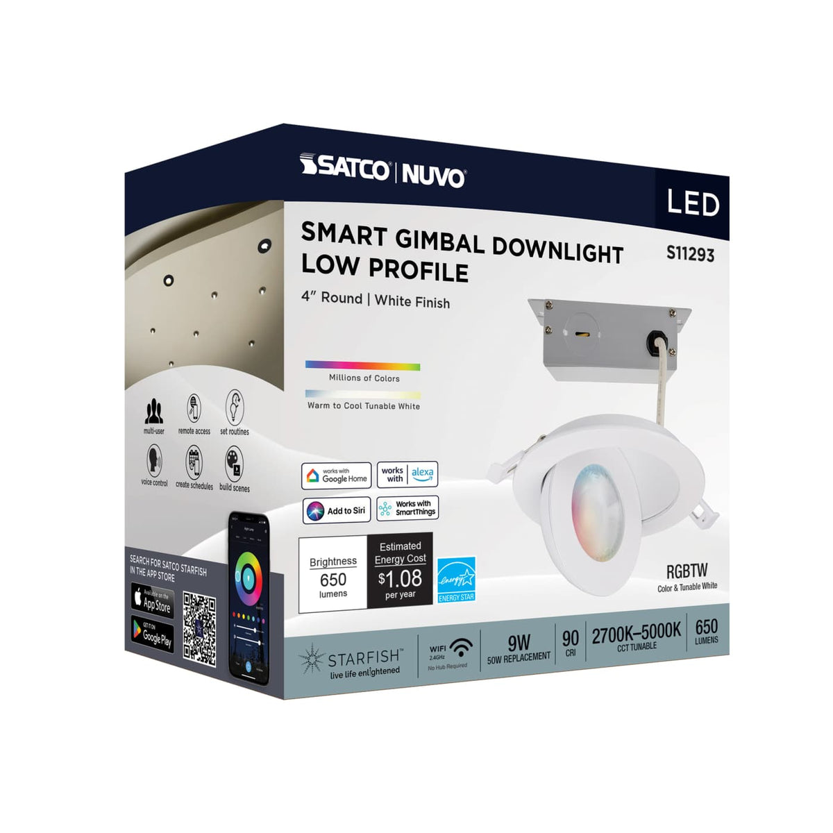 Satco 4-in 9W LED Gimbal LED Downlight RGBW Round White Finish 120-277v