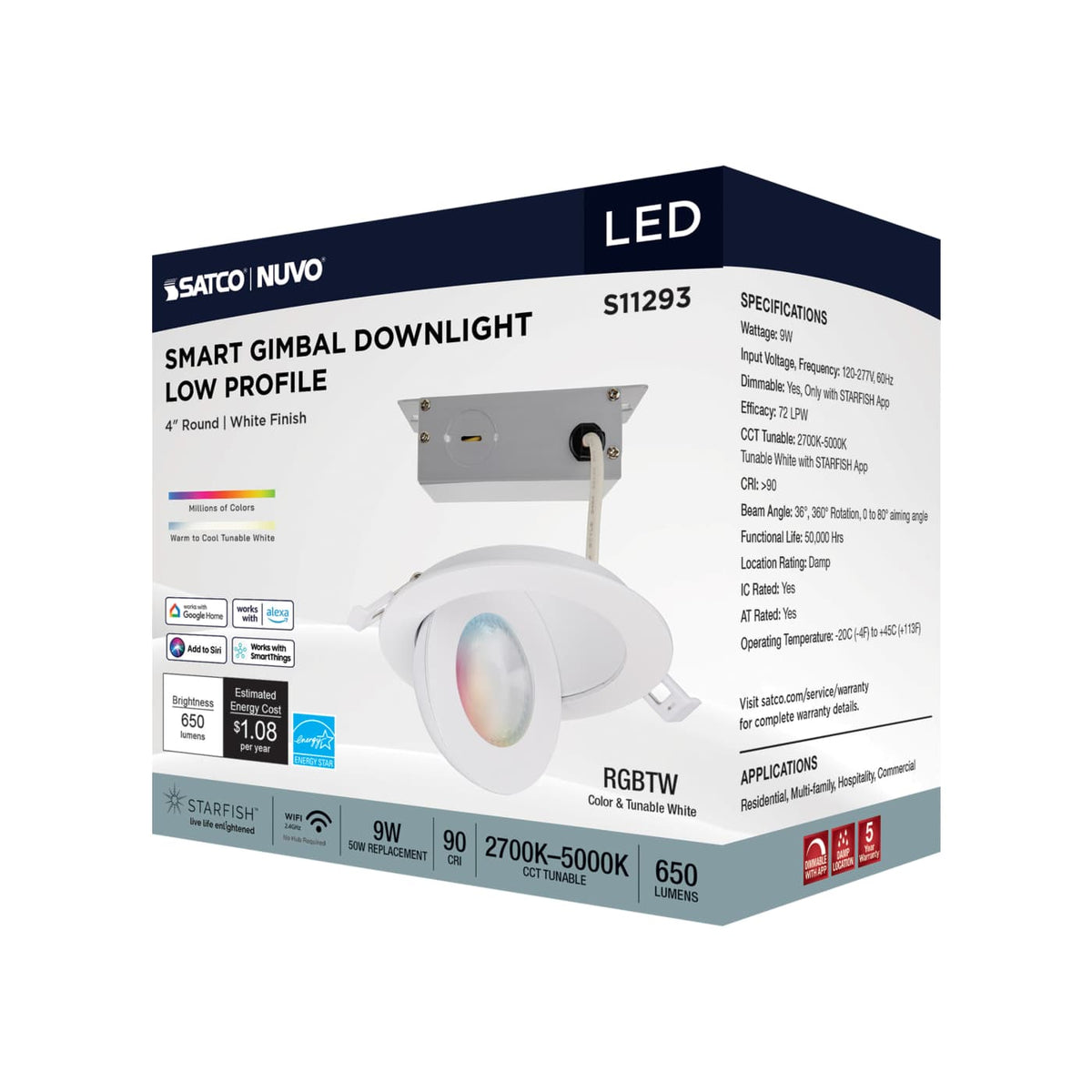 Satco 4-in 9W LED Gimbal LED Downlight RGBW Round White Finish 120-277v