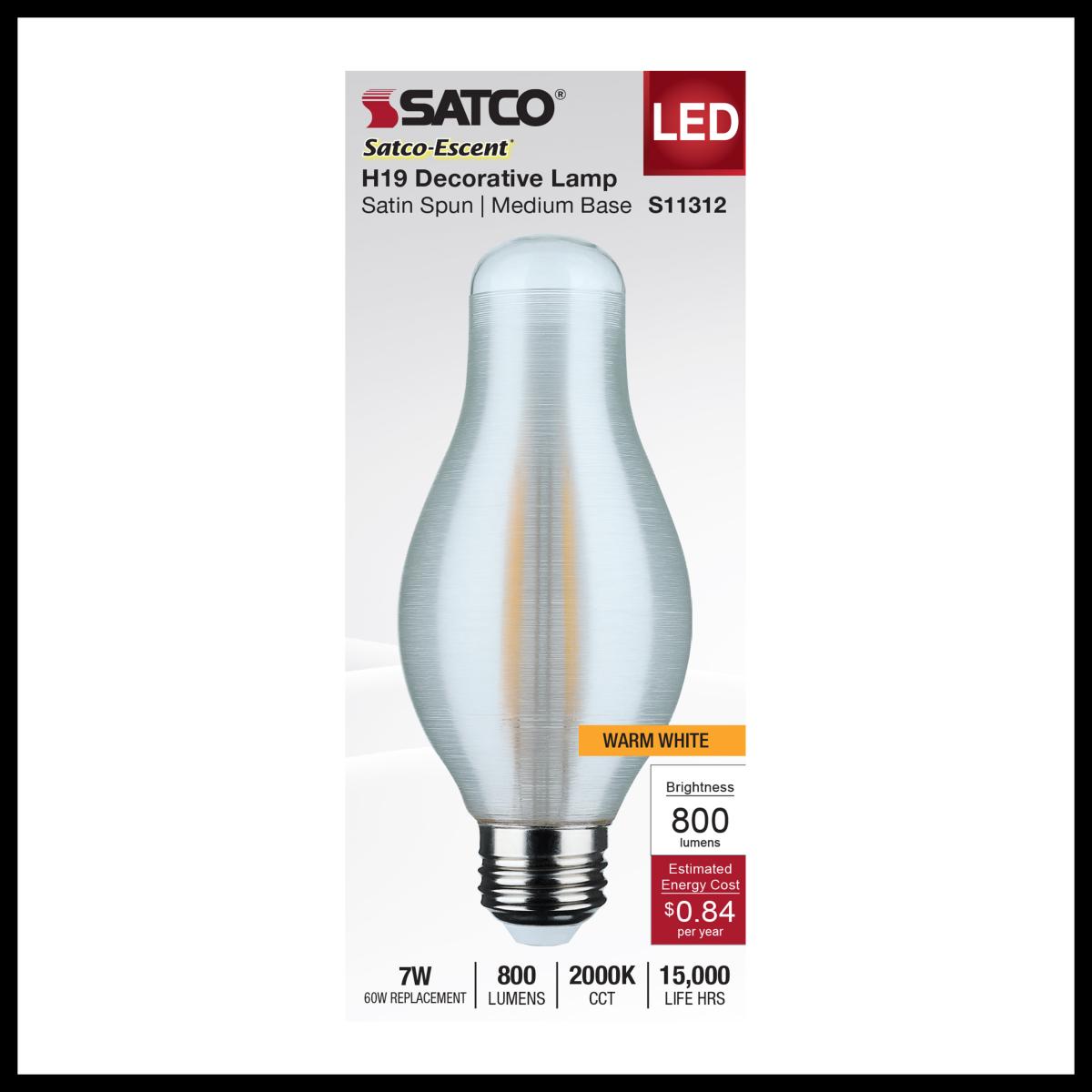 Satco 7w H19 LED 2000K Warm White CCT E26 Medium Base Satin Spun Finish 120v