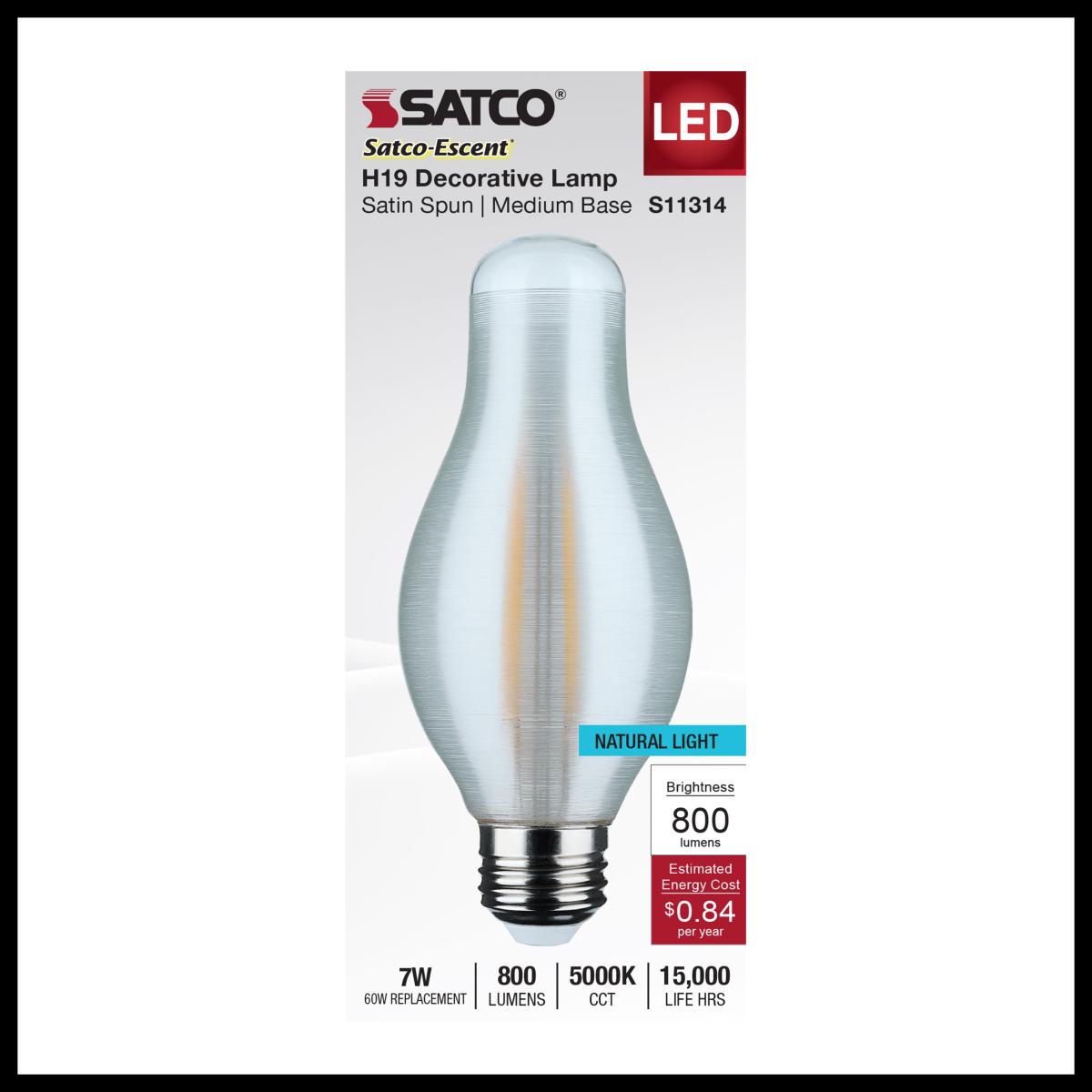Satco 7w H19 LED 5000K Natural Light CCT E26 Medium Base Satin Spun Finish 120v
