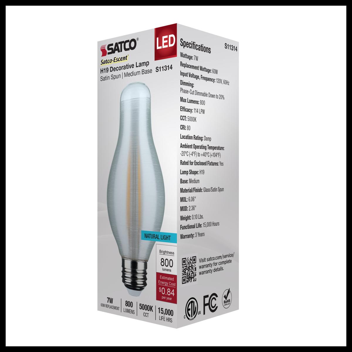 Satco 7w H19 LED 5000K Natural Light CCT E26 Medium Base Satin Spun Finish 120v