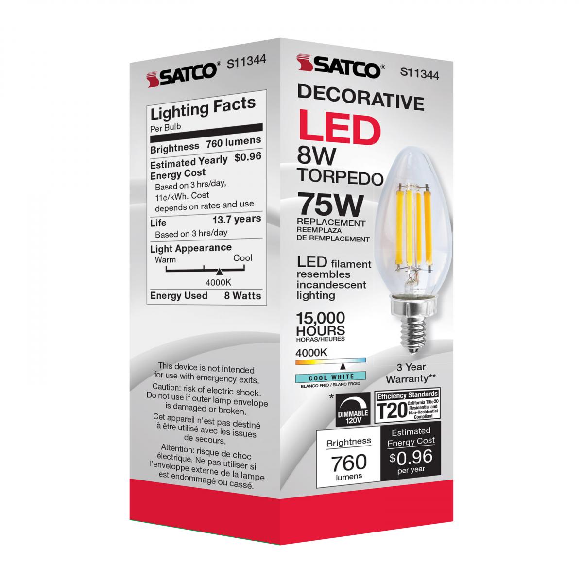 Satco 8w C11 LED 760Lm 4000K 120v Clear Finish Candelabra Base Bulb
