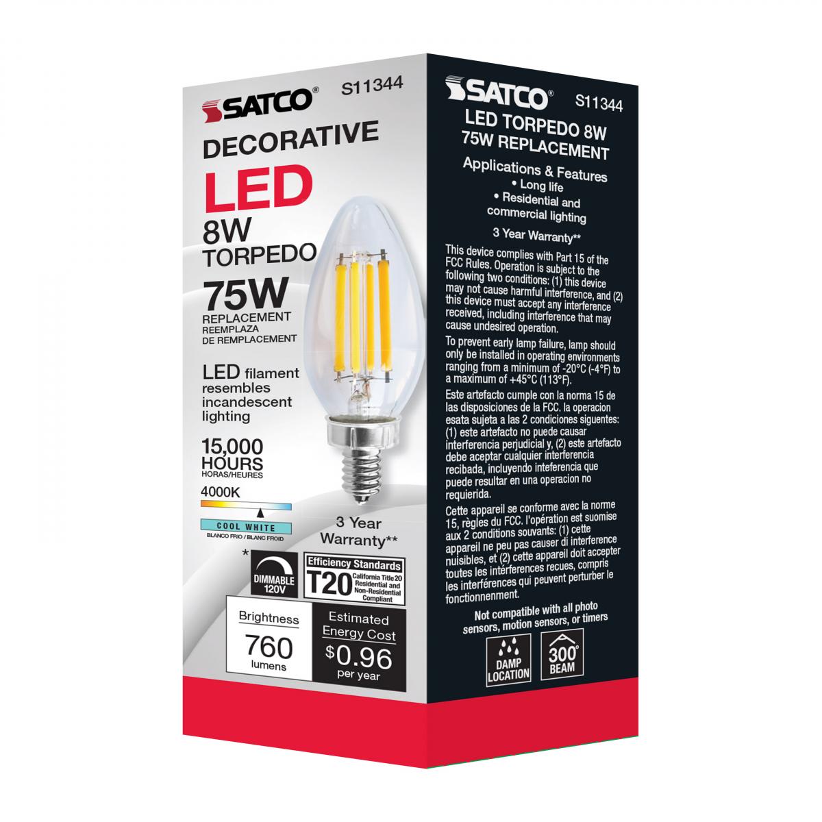 Satco 8w C11 LED 760Lm 4000K 120v Clear Finish Candelabra Base Bulb