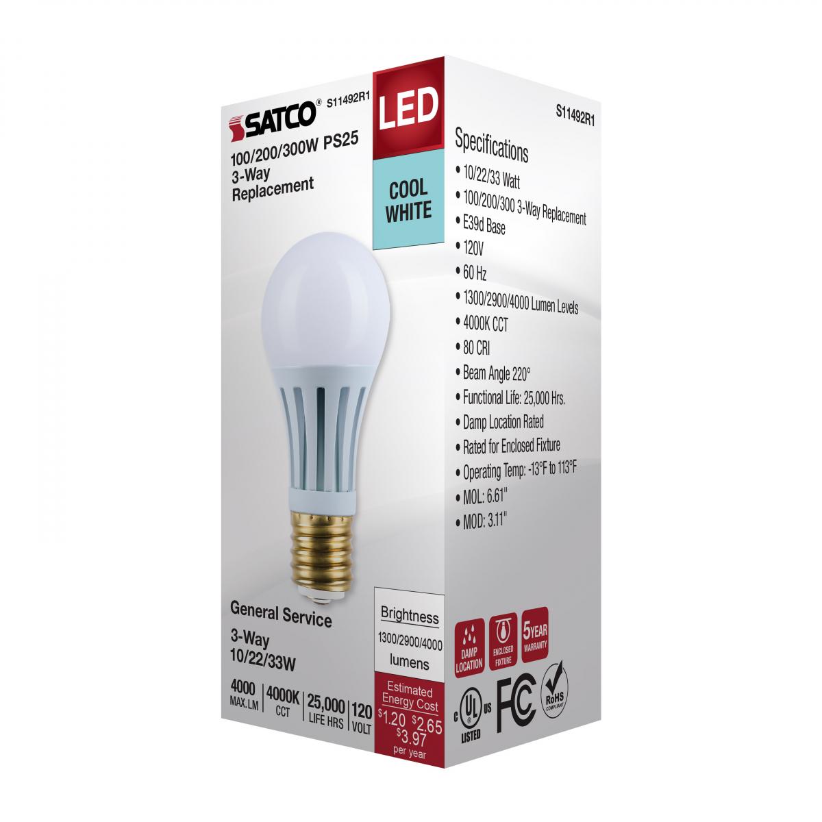 Satco PS25 LED Three-Way Lamp Wattage Tunable 4000K E39d Mogul Base 120v