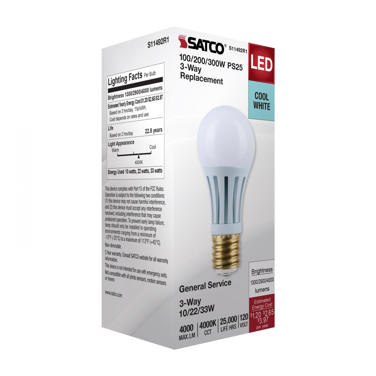 Satco PS25 LED Three-Way Lamp Wattage Tunable 4000K E39d Mogul Base 120v