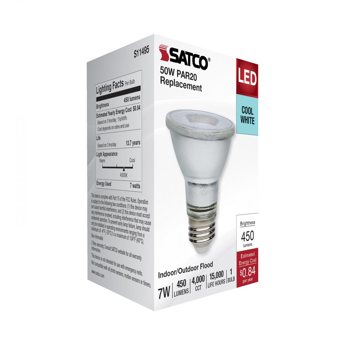 Satco 7w Econo LED PAR20 4000K 35deg 120-277v Silver Finish Bulb