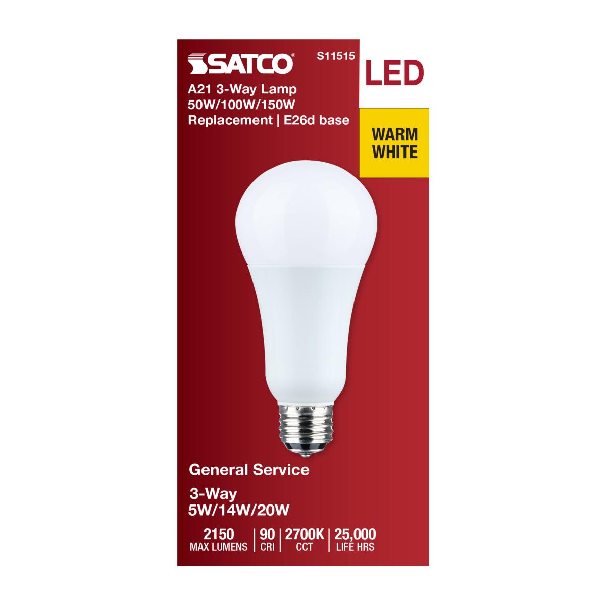 Satco A21 LED 3-Way Lamp Wattage Tunable 2700K E26d Double Contact Base 120v