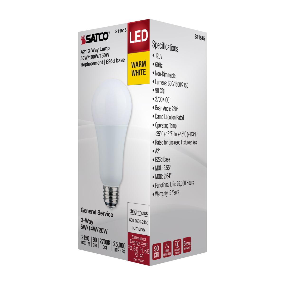Satco A21 LED 3-Way Lamp Wattage Tunable 2700K E26d Double Contact Base 120v
