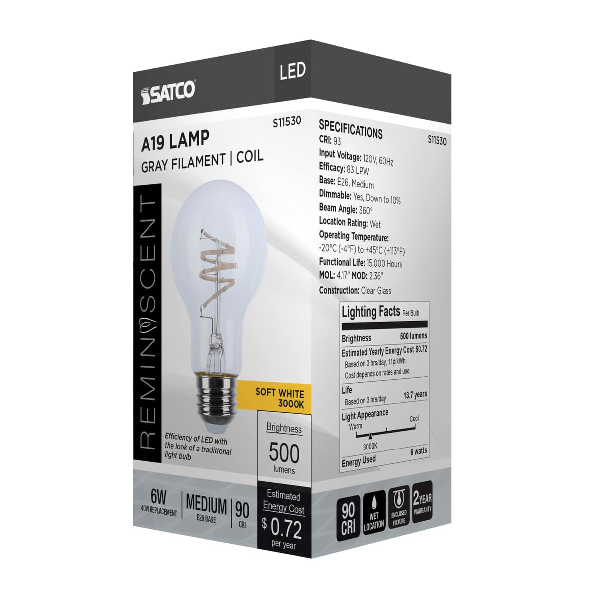 Satco 6w A19 LED Reminiscent Flex Gray Coil Filament E26 3000K 120v Bulb