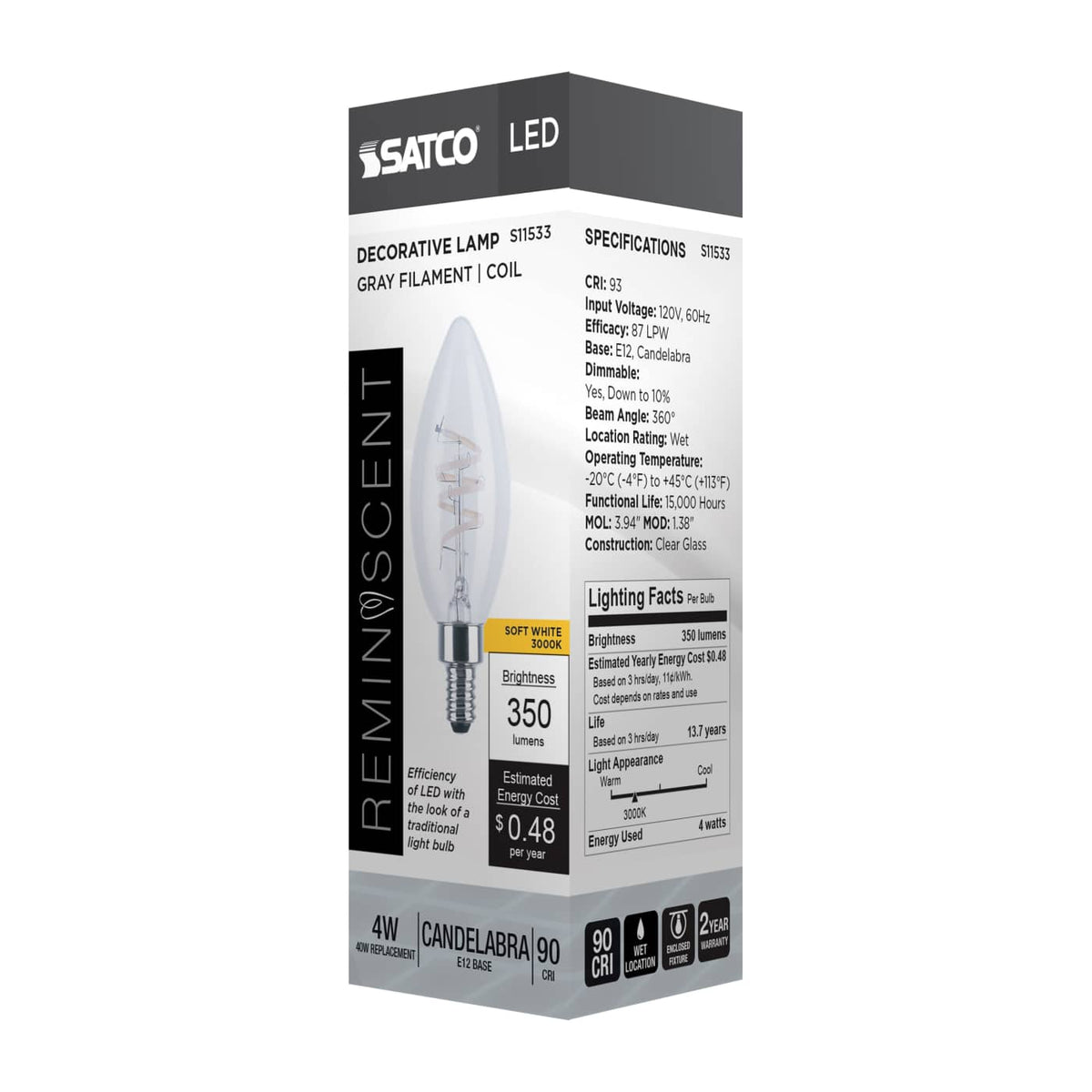Satco 4w B11 LED Reminiscent Flex Gray Coil Filament E12 3000K 120v Bulb