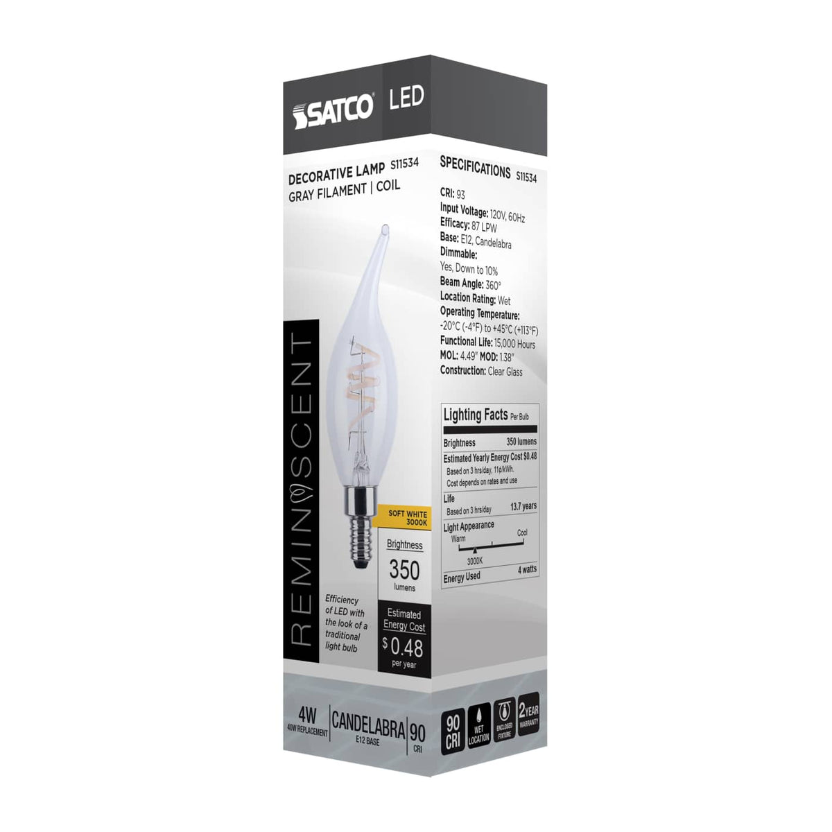 Satco 4w CA11 LED Reminiscent Flex Gray Coil Filament E12 3000K 120v Bulb