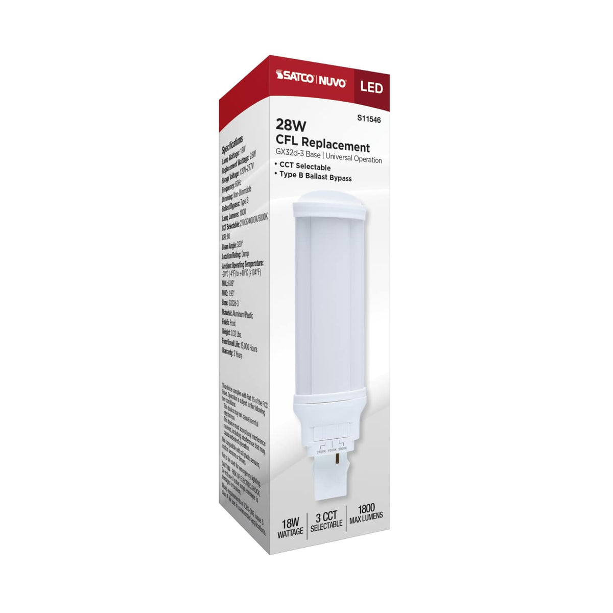 Satco 18w LED PL CCT Selectable GX32d-3 Base 28W CFL Replacement 120-277v Bulb