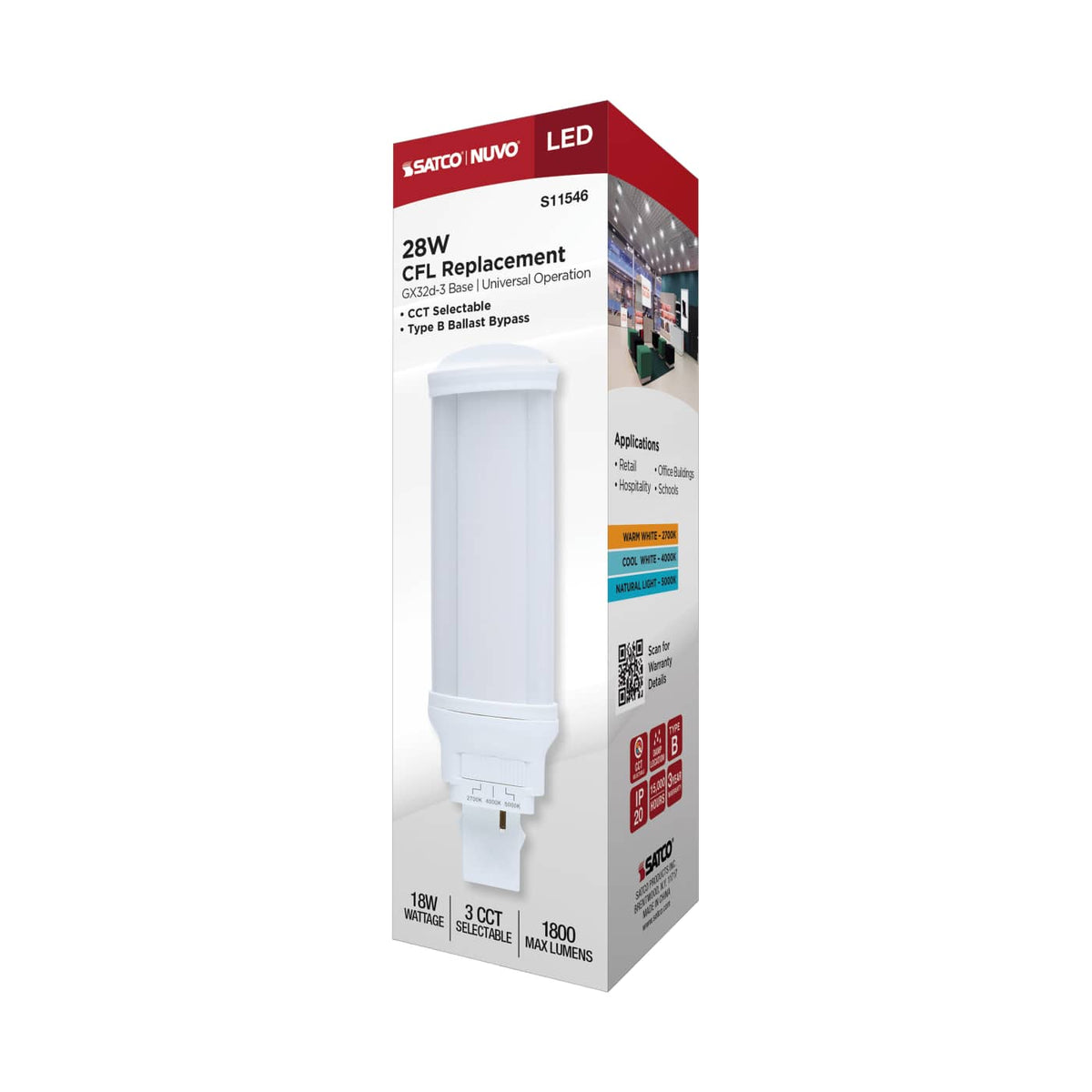 Satco 18w LED PL CCT Selectable GX32d-3 Base 28W CFL Replacement 120-277v Bulb