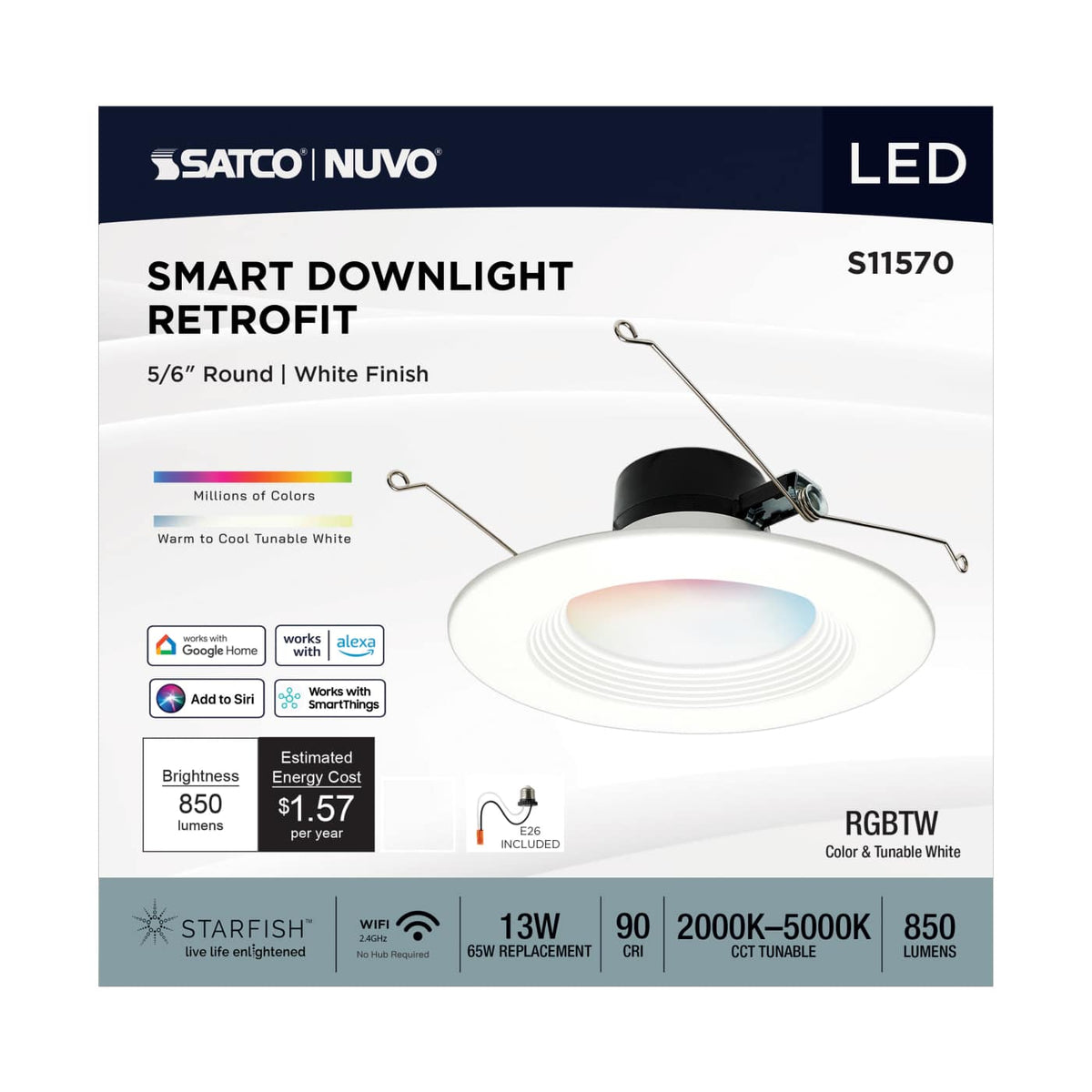 Satco 5-6-in 13W LED Retrofit Downlight RGBTW Square White Finish