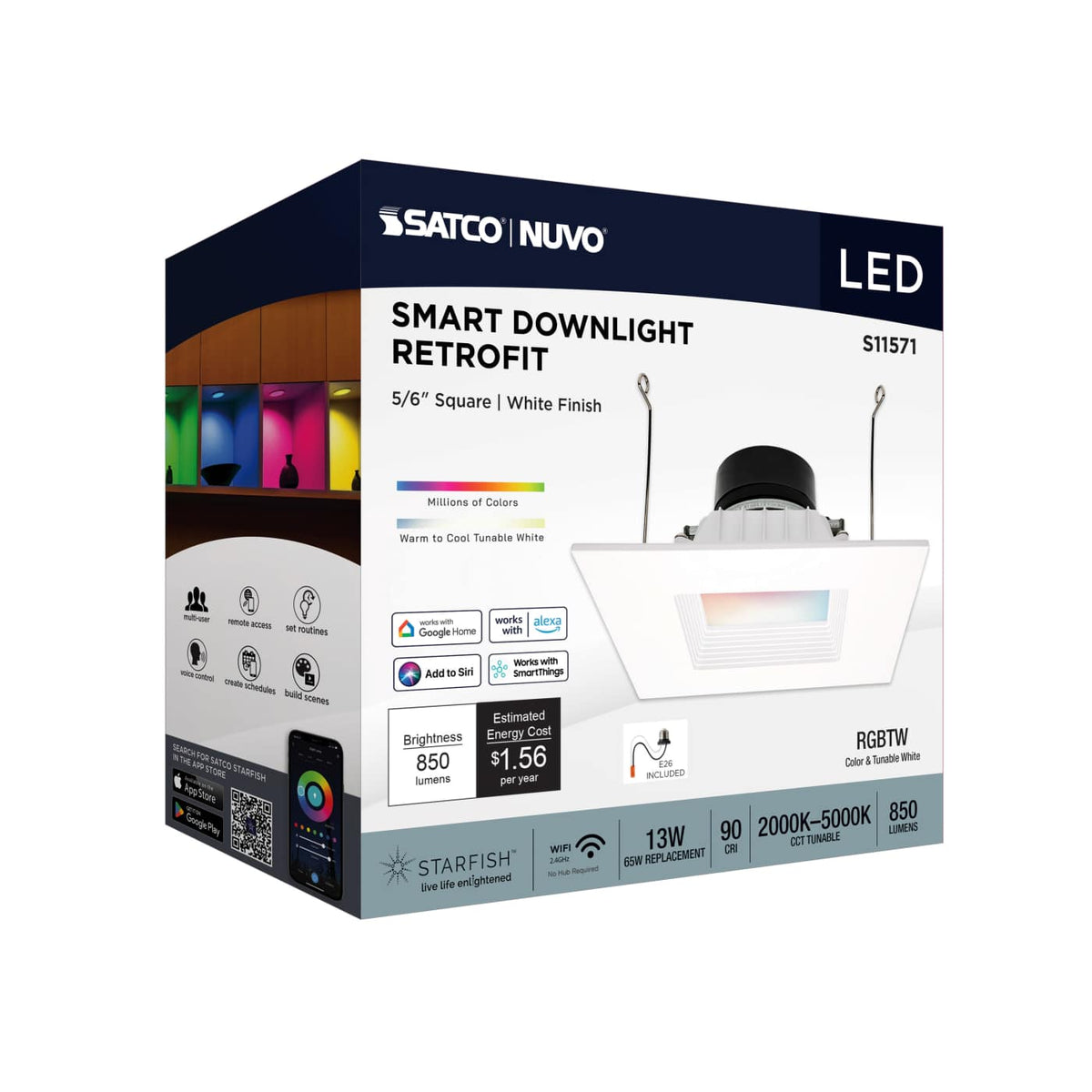 Satco 5-6-in 13W LED Retrofit Downlight RGBTW Square White Finish