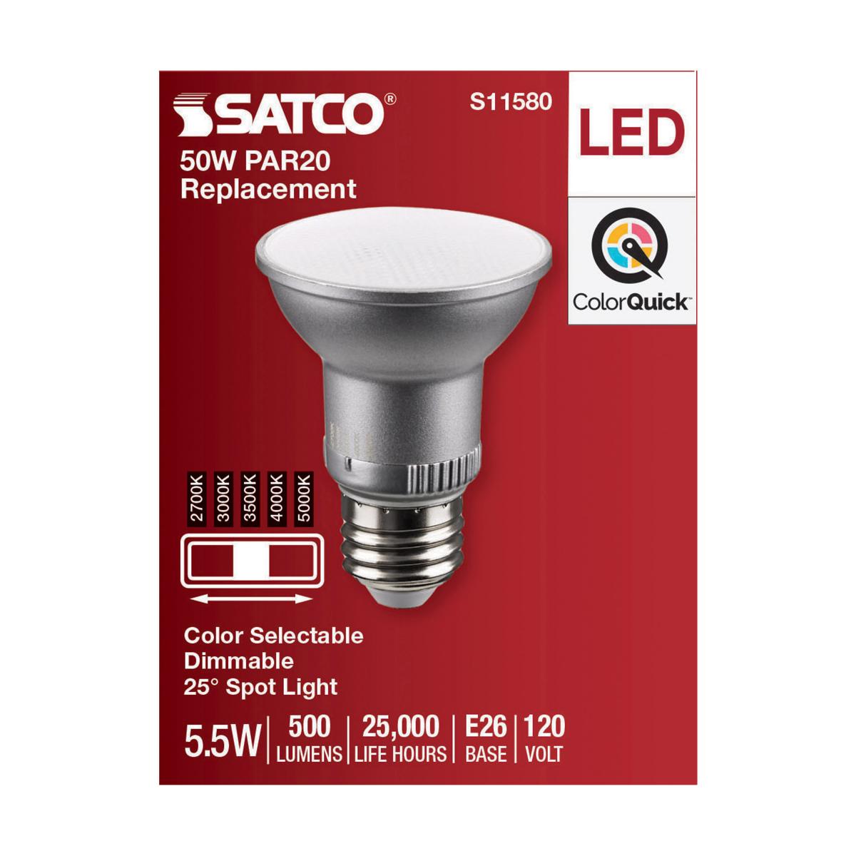 Satco 5.5w PAR20 LED E26 Base 25deg 120v CCT Selectable Silver Finish Bulb