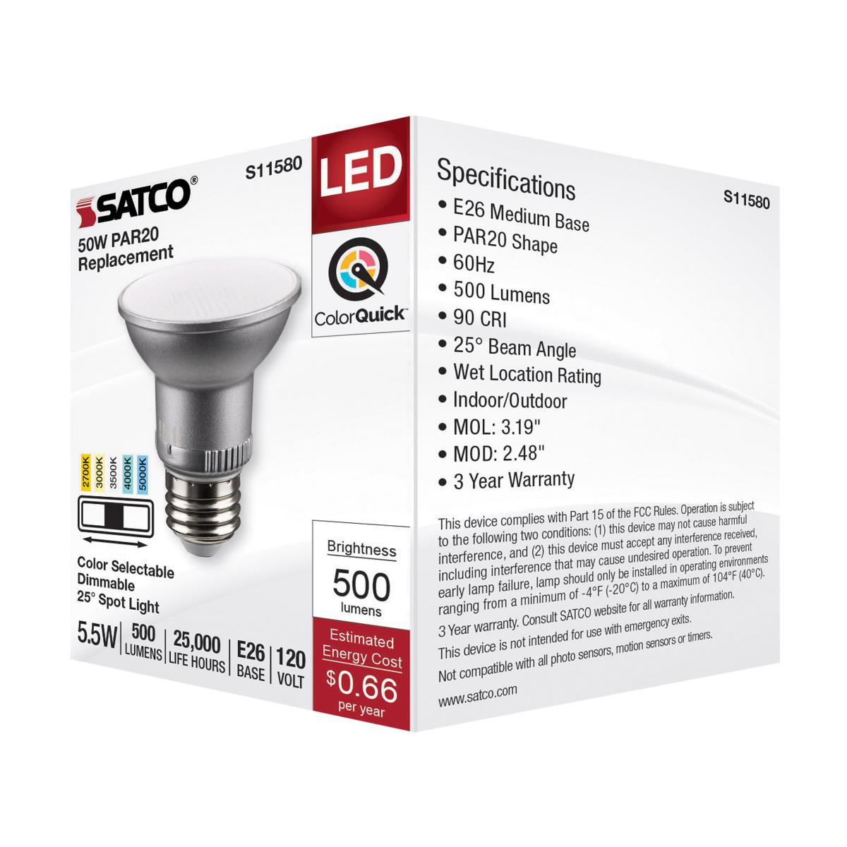 Satco 5.5w PAR20 LED E26 Base 25deg 120v CCT Selectable Silver Finish Bulb