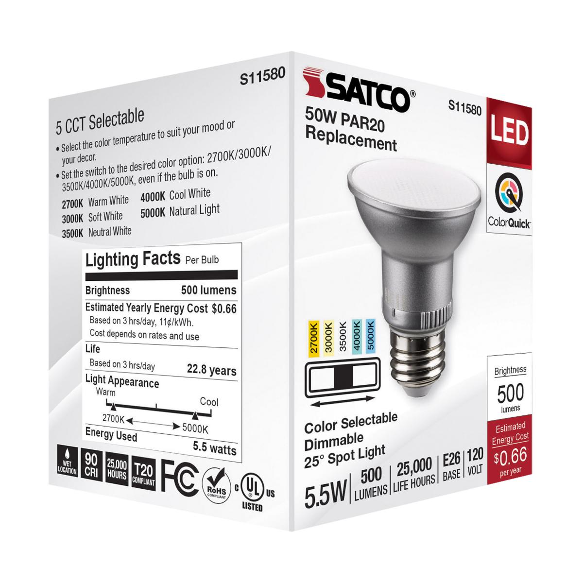 Satco 5.5w PAR20 LED E26 Base 25deg 120v CCT Selectable Silver Finish Bulb