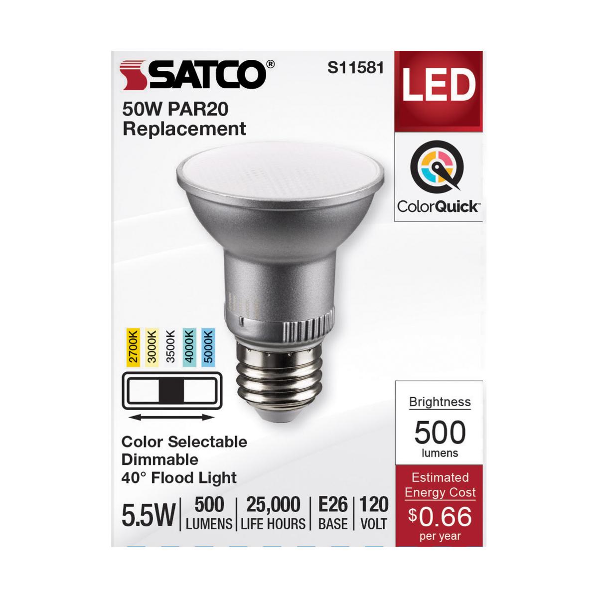 Satco 5.5w PAR20 LED E26 Base 40deg 120v CCT Selectable Silver Finish Bulb