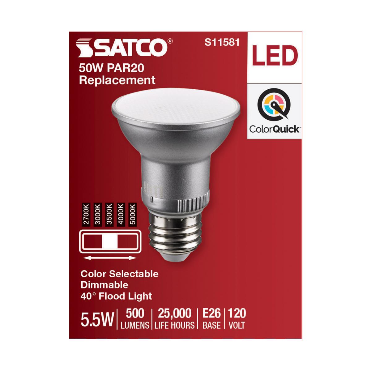 Satco 5.5w PAR20 LED E26 Base 40deg 120v CCT Selectable Silver Finish Bulb