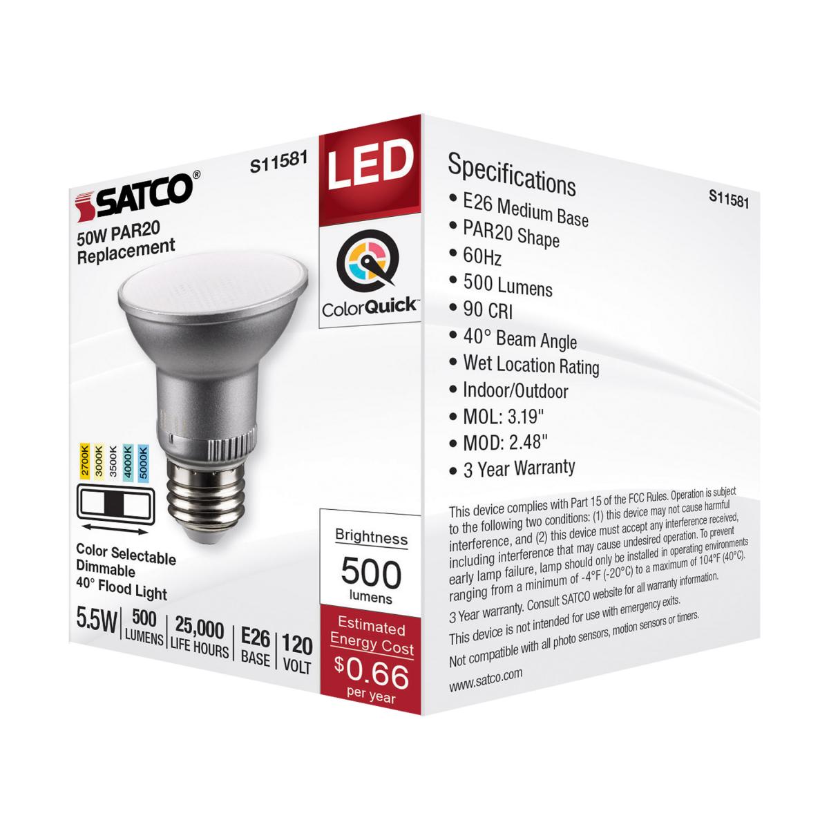 Satco 5.5w PAR20 LED E26 Base 40deg 120v CCT Selectable Silver Finish Bulb