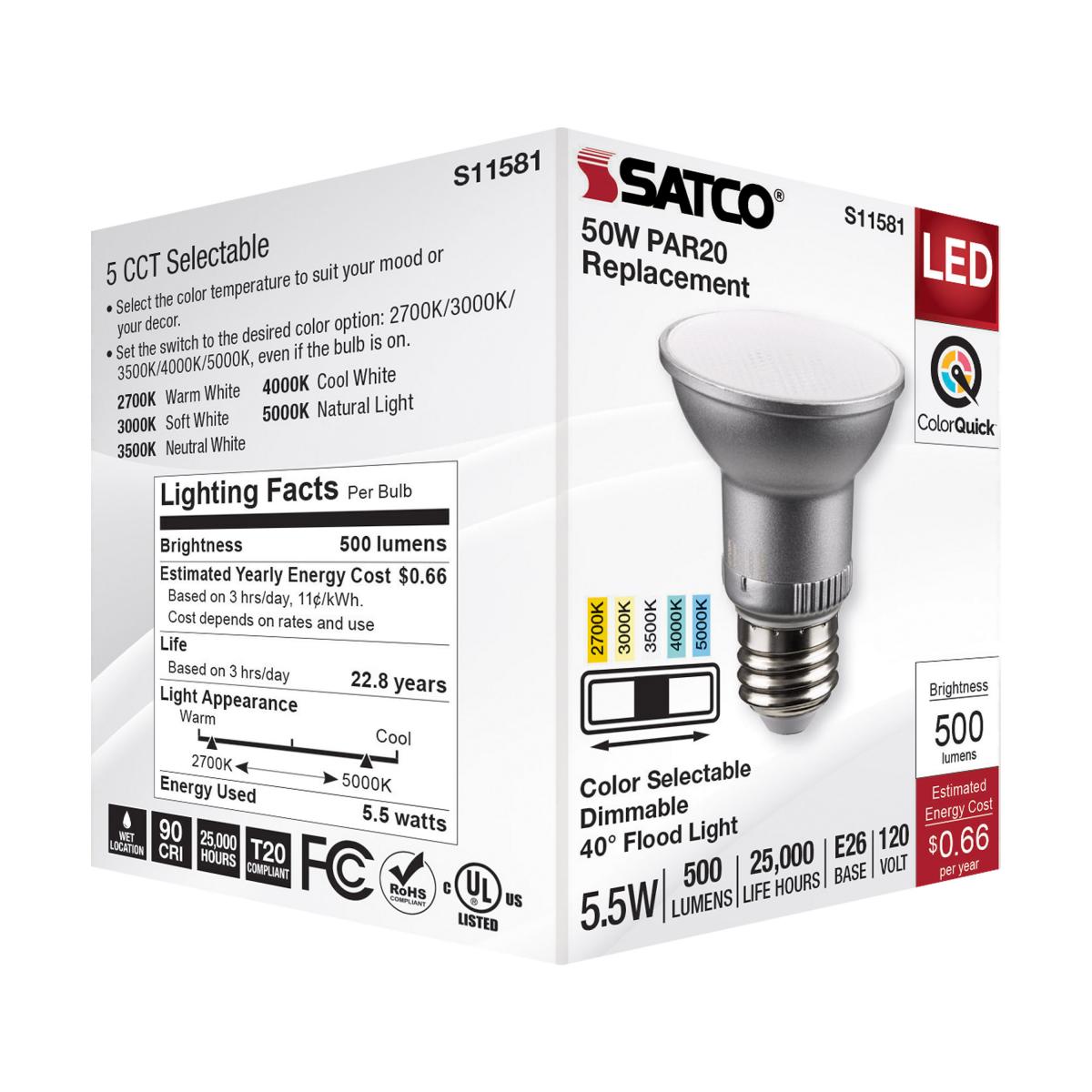 Satco 5.5w PAR20 LED E26 Base 40deg 120v CCT Selectable Silver Finish Bulb