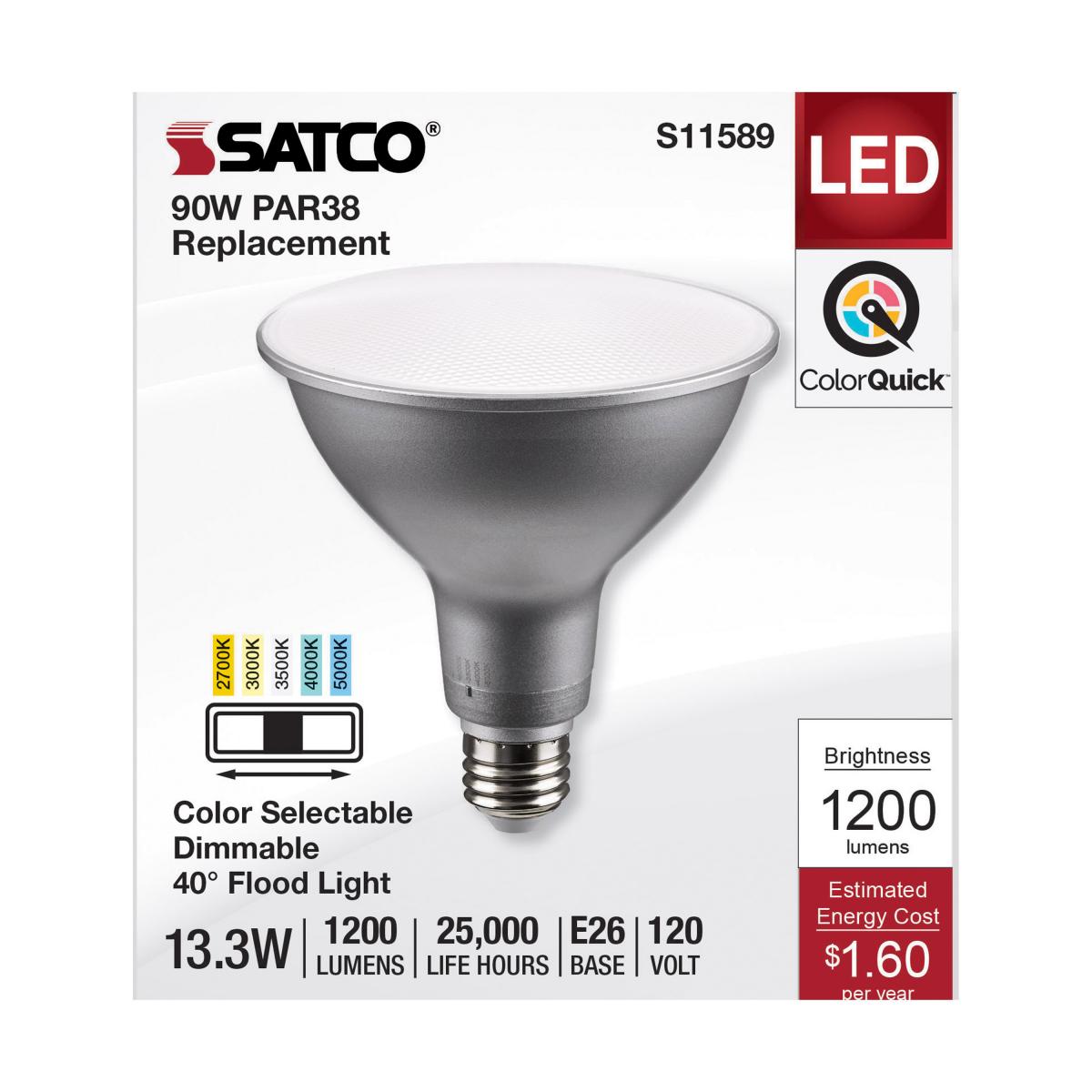 Satco 13.3w PAR38 LED E26 Base 40deg 120v CCT Tunable Silver Finish Bulb