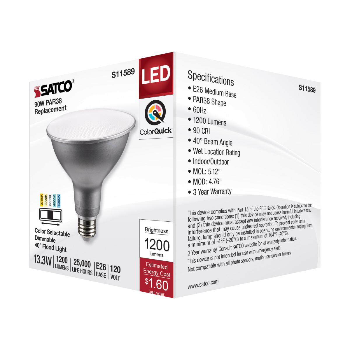 Satco 13.3w PAR38 LED E26 Base 40deg 120v CCT Tunable Silver Finish Bulb