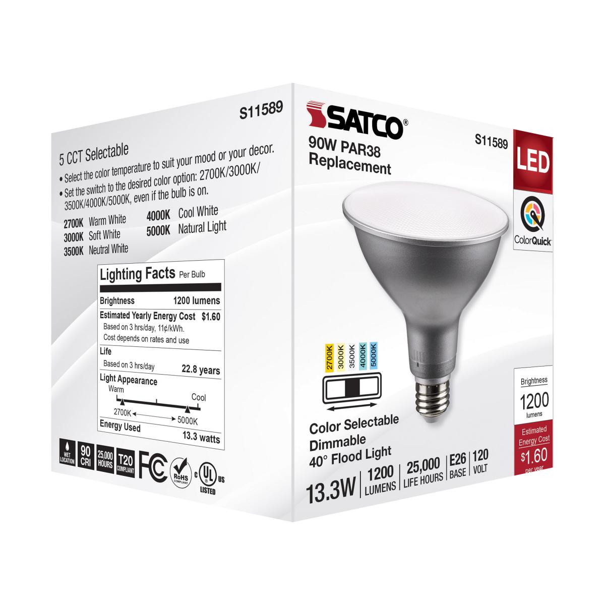 Satco 13.3w PAR38 LED E26 Base 40deg 120v CCT Tunable Silver Finish Bulb