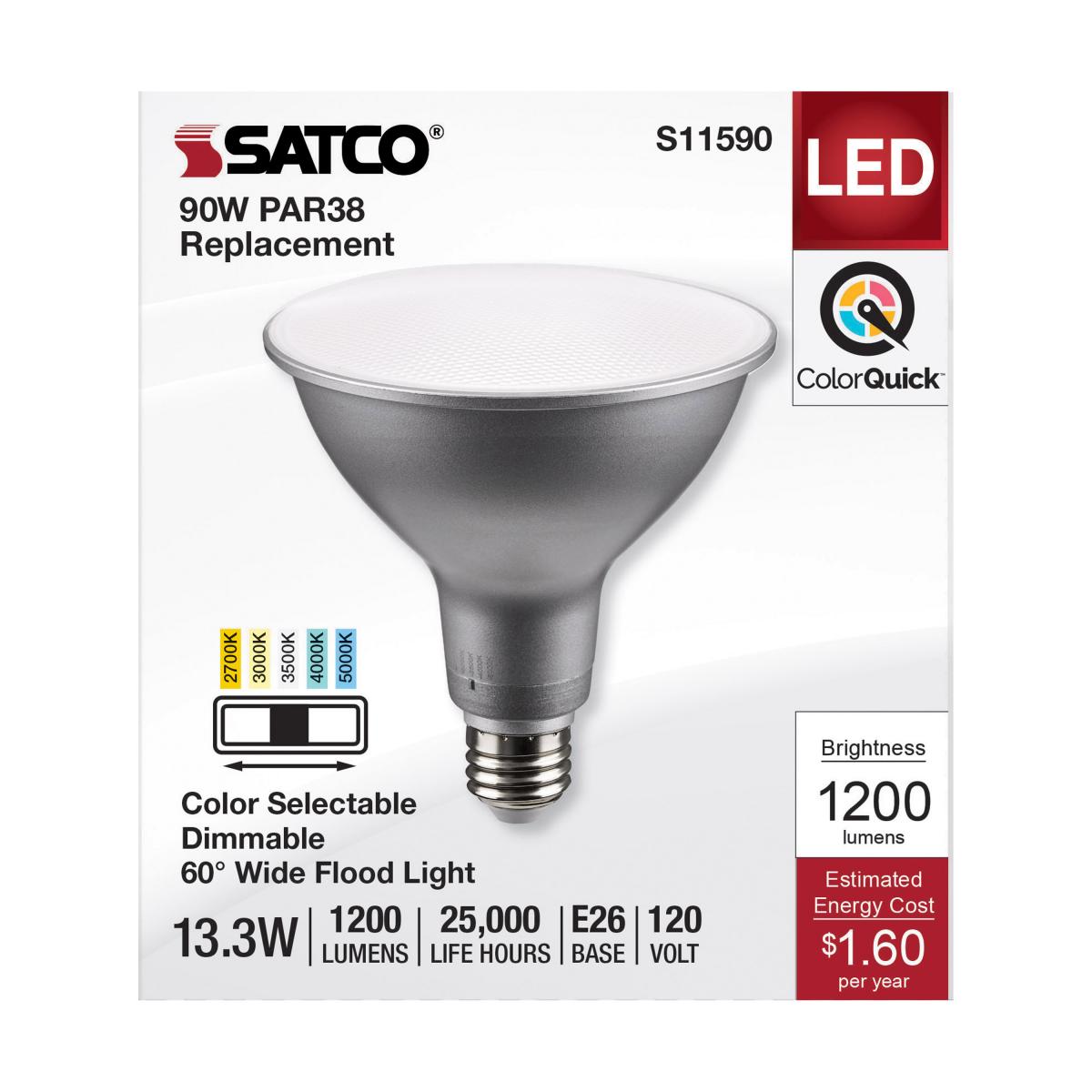 Satco 13.3w PAR38 LED E26 Base 60deg 120v CCT Tunable Silver Finish Bulb